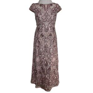 Alex Evenings Size 4 Petite Sequined Embroidered Mauve Maxi Dress Cap Sleeves